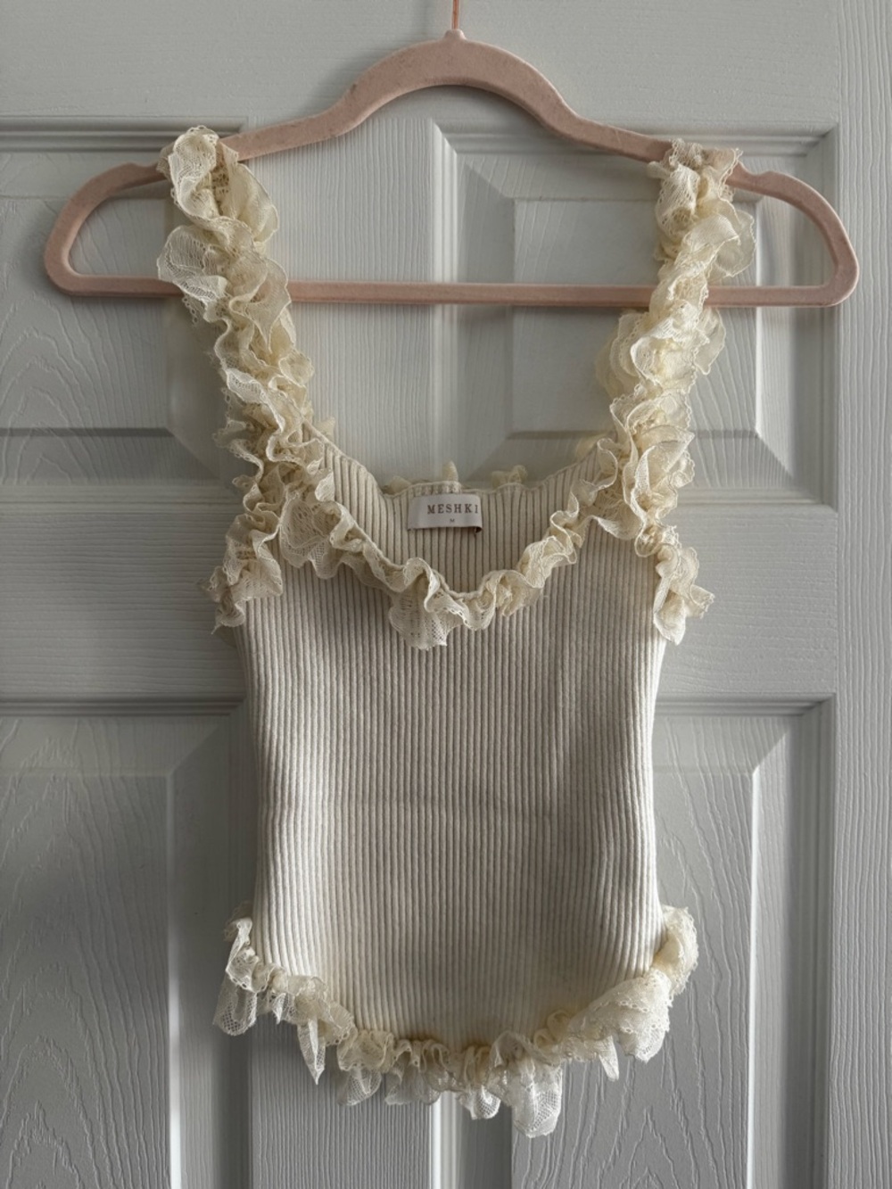 Meshki Cream Shay Lace Ruffle Knit Top Medium - Picture 2 of 5